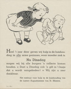 716425 Reclamebiljet voor een collecte van de Zusters Augustinessen van St.-Monica, klooster Genazzano, Waterstraat 2 ...